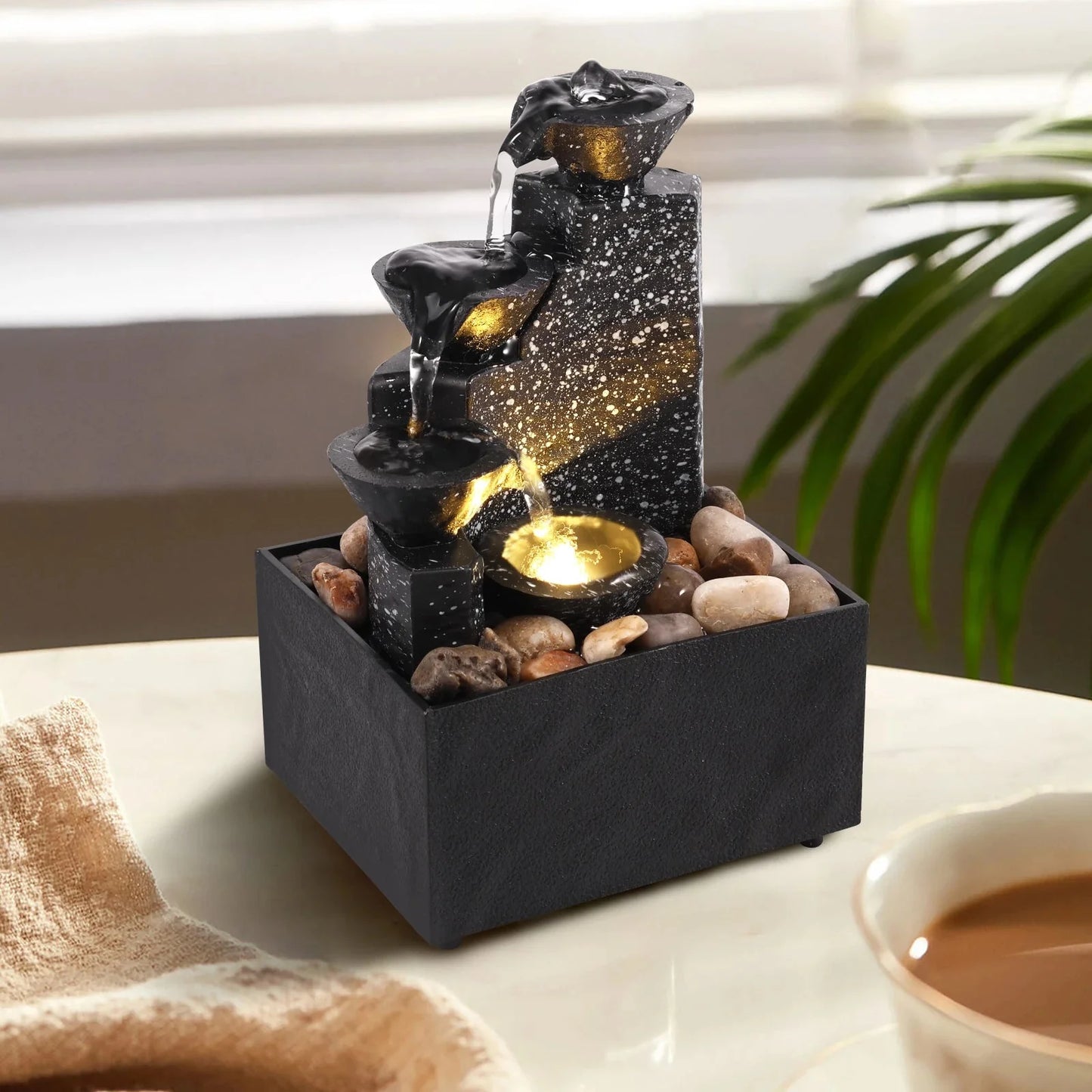 Desktop Art Waterfall Fountain with LED Light, Small Indoor Zen Ornament for Home Living Room Bedroom Office Decor