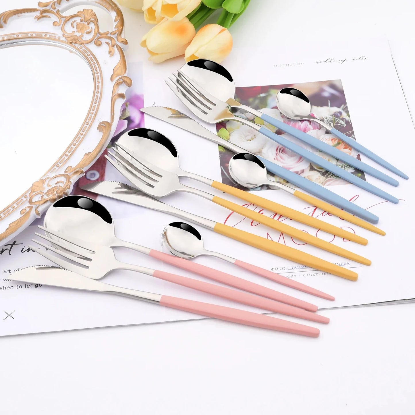 Western Purple Silver Tableware New Dinnerware Set 4Pcs Stainless Steel Kitchen Knife Fork Spoon Complete Cutlery Flatware Set