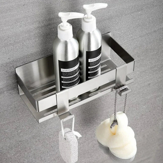 Stainless Steel Shower Shelf Without Drilling Wall Mounted Shower Caddy Basket with Hooks for Bathroom Kitchen Shelf Organizer
