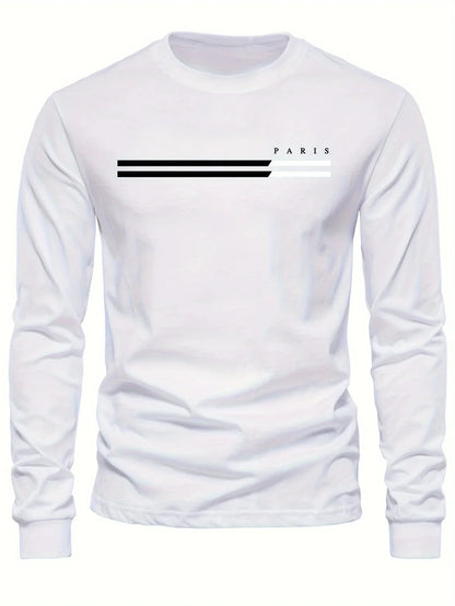 Men's 100% pure cotton summer loose comfortable casual  PARIS print large round neck long sleeve T-shirt top