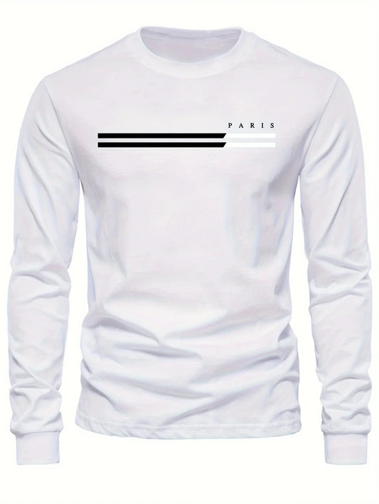 Men's 100% pure cotton summer loose comfortable casual  PARIS print large round neck long sleeve T-shirt top