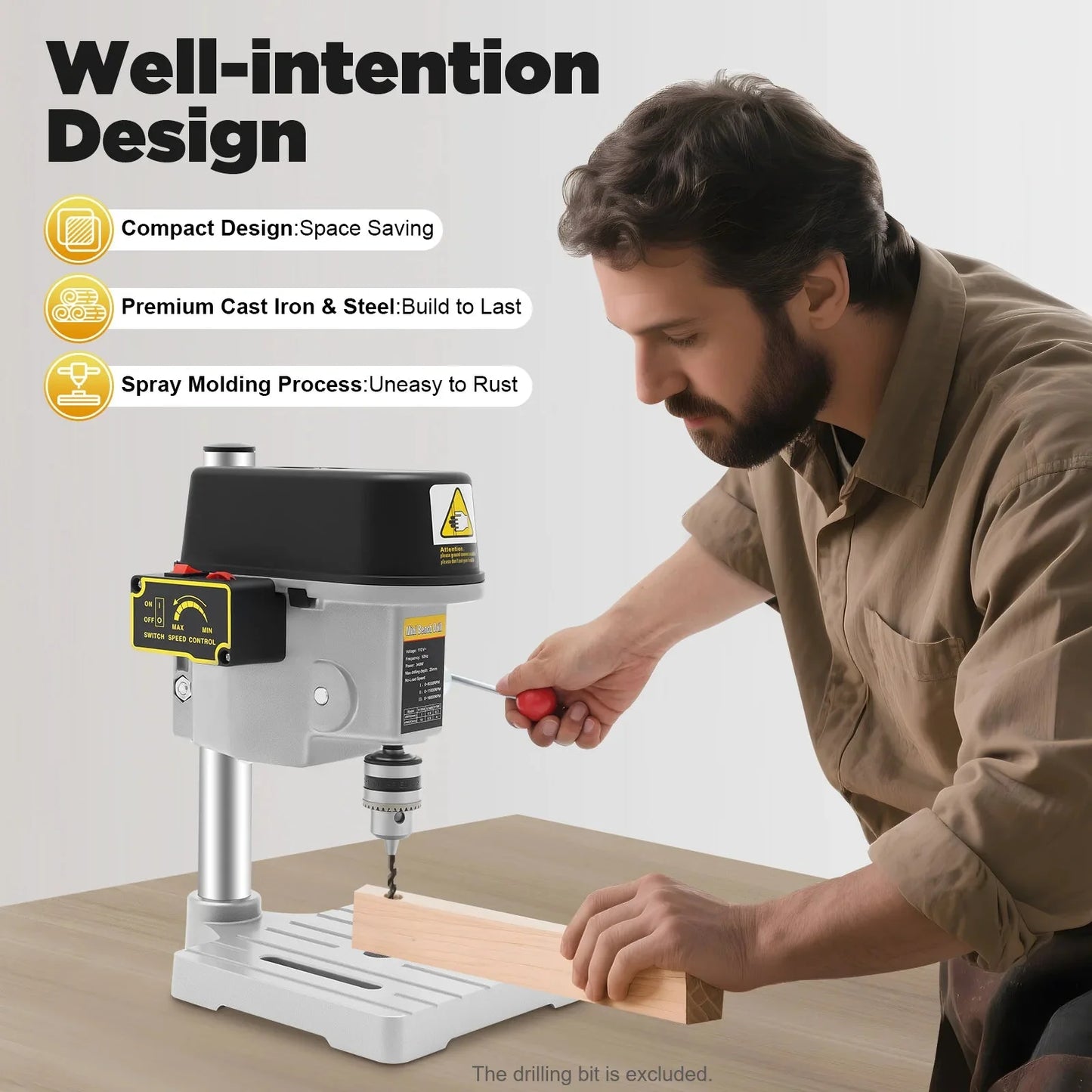 340W Portable Benchtop Drill Press, High-precision 3 Speed Adjustable Mini Portable Electric Bench Drill Stand for Iron Wood