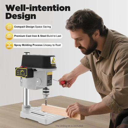 340W Portable Benchtop Drill Press, High-precision 3 Speed Adjustable Mini Portable Electric Bench Drill Stand for Iron Wood