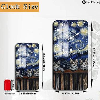 Vintage 2D-Flat Cats with Van Goghs Starry Night backdrop Wooden Silent Quartz Rectangle Wall Clock for Home Idea Holiday Gifts