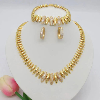 Dubai Vintage Jewelry Sets For Women Luxury Design Shiny Zircon Gold Plated Necklace Earring Bangle Wedding Party Accessories