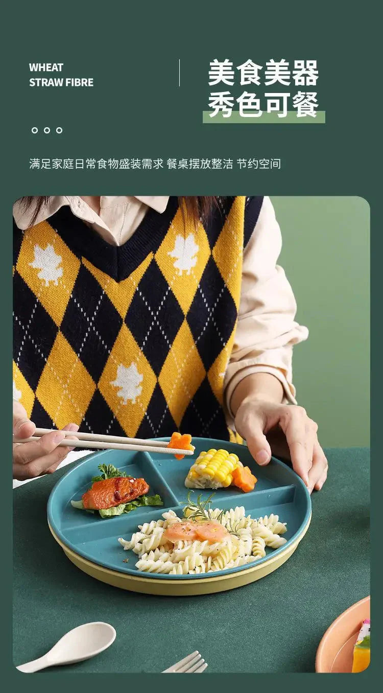 23cm Sub-grid Plate Fat-reducing Sub-plate Children's Tableware Three-grid Rice Plate Separated Dessert Breakfast Plate Kitchen