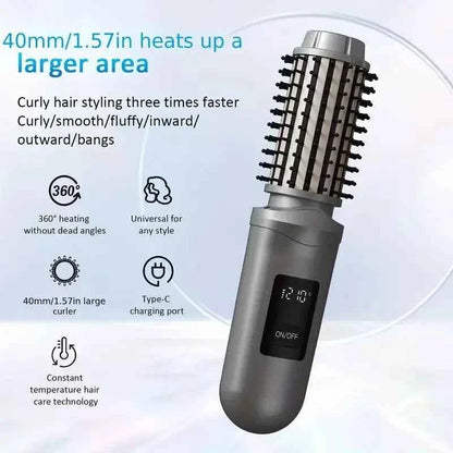 NewCordless Hair Curling Iron Brush USB Rechargeable Travel Heated Round Brush 2-in-1 Electric Hair Curling Wand Styling Tools