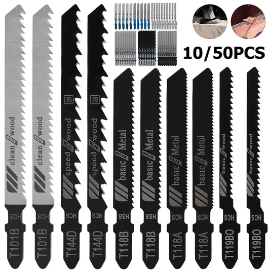 Professional T-Shank Jigsaw Blade Set - 10/50 Pcs High-Carbon Steel Kit for Wood & Thin Metal - Compatible with Bosch/DEWALT/Makita