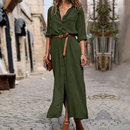 Womens Lace Up Tunic Dresses Summer Streetwear Long Sleeve Shirt Dresses With Belt casual Solid Color Linen Maxi Dress for women