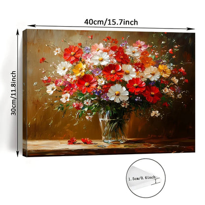 Vibrant Floral Canvas Wall Art - Wooden Framed Colorful Bouquet Print for Home, Office, Living Room, Bedroom, 11.8x15.7 inches