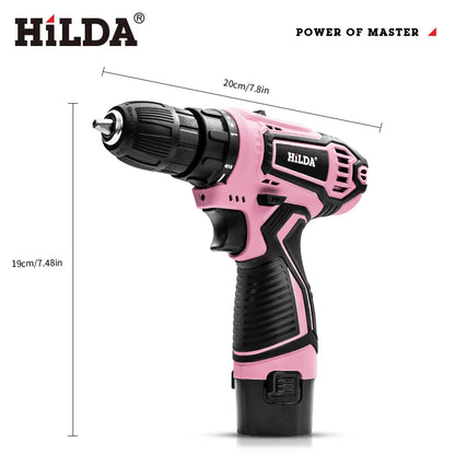 HILDA 21V Pink Drill Electric Drill Electric Screwdriver  Cordless Drill Mini Wireless Power Tools Lithium-Ion Battery