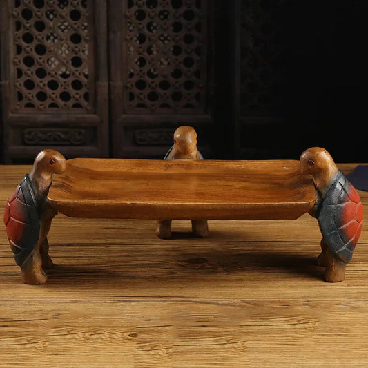 Solid Wood Fruit Plate for Home Living Room, Coffee Table Tray, Three Turtles Base Side Polished, Smooth Eco Friendly Wood Wax O