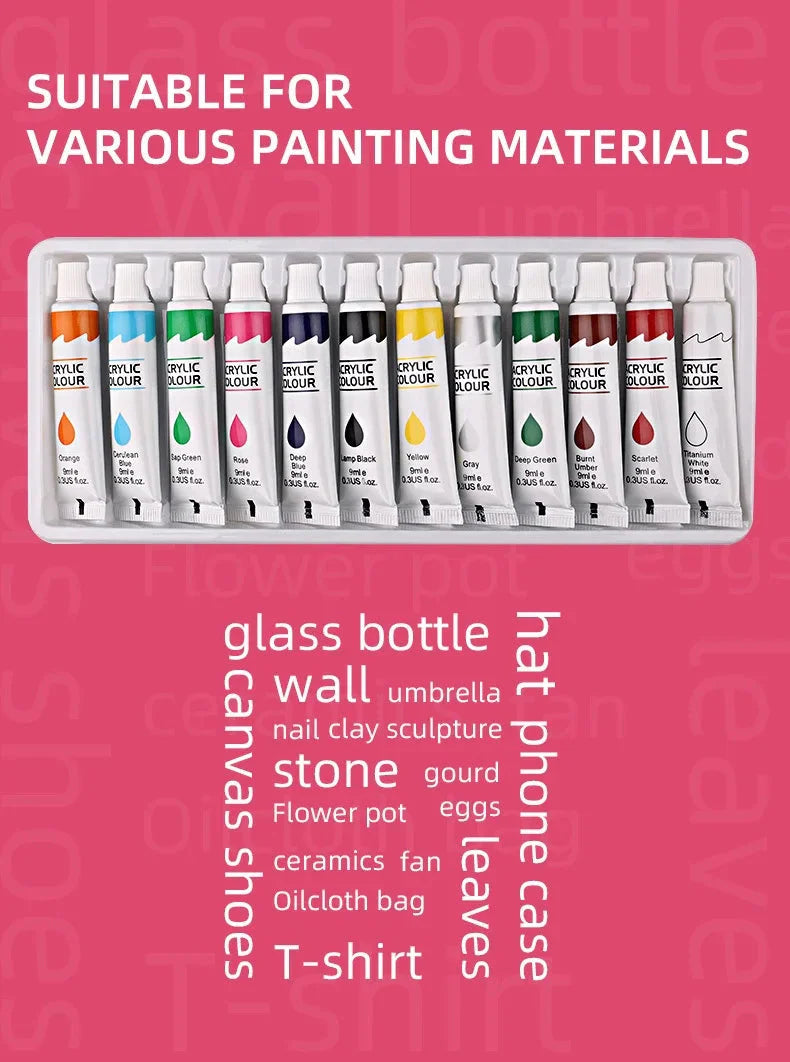 12 Color Acrylic Paint Set 9ml Tubes Waterproof Art Supplies for Beginner Artists DIY Painting on Canvas Wall Art Craft Projects