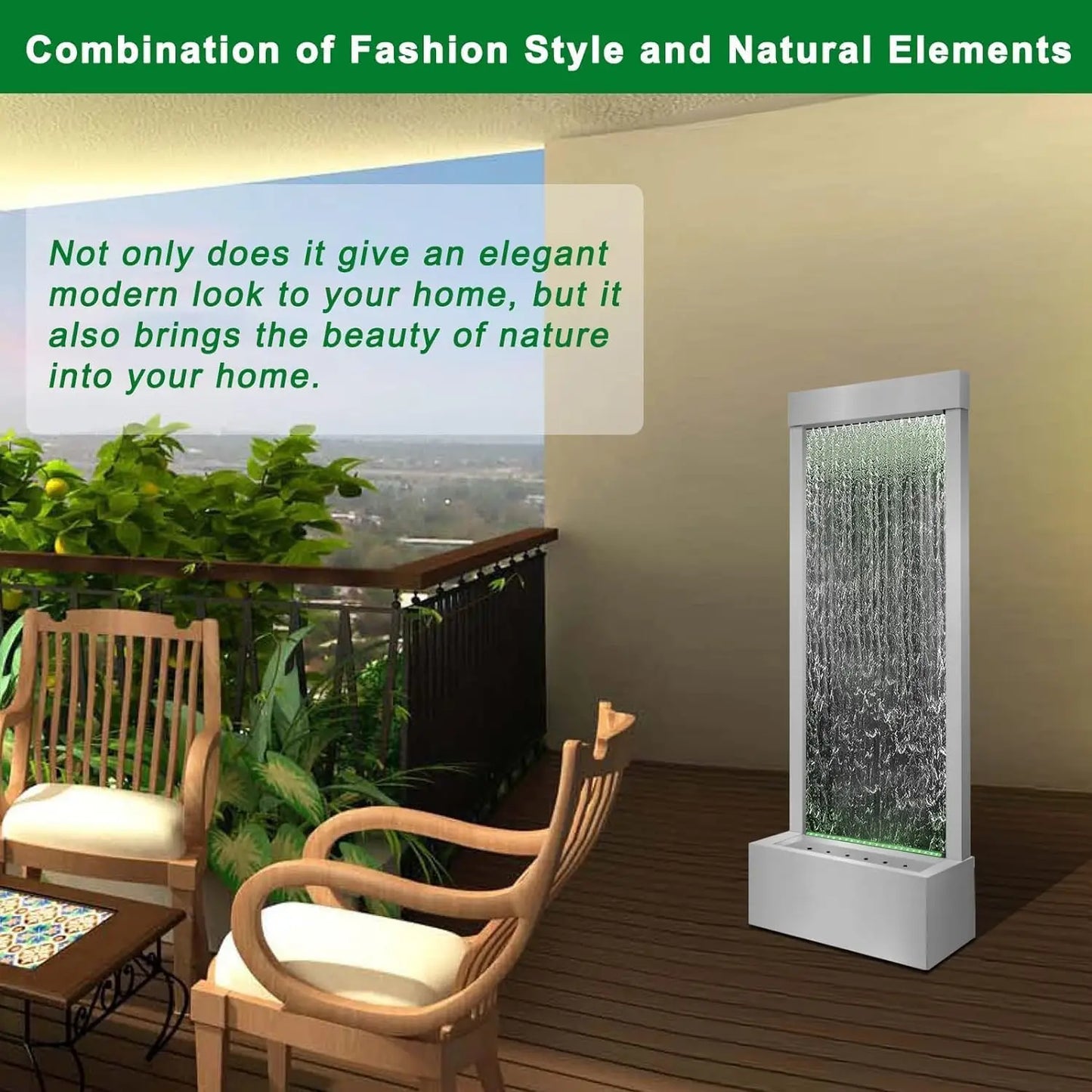Mirror Waterfall Fountain Indoor, 48" Water Feature With 7 Colors Light, Self-Contained LED Kit, Large Stainless Steel Home Deco