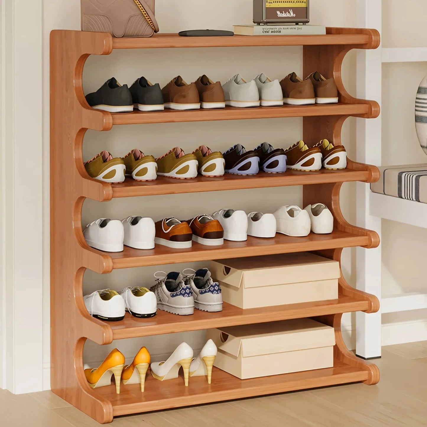 Multi-Tier Shoe Storage Rack, Compact Space-Saving Easy Assembly, Square Shelves for Entryway Dorms Apartments Home Desk Drawer