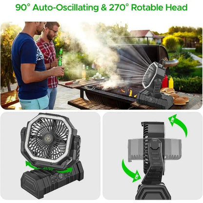 Camping Fan with LED Lantern, 20000mAh Auto-Oscillating Battery Operated Desk Fan with Remote&Hook, 8” Portable Fan