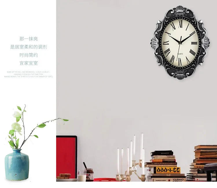 14" Vintage European Court elegance classical Style Wall Clock with Electroplated Black Gold/Silver & Roman Numerals for bedroom