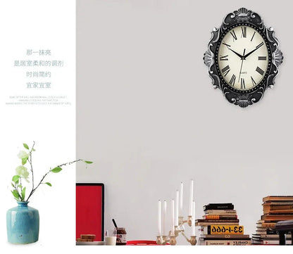 14" Vintage European Court elegance classical Style Wall Clock with Electroplated Black Gold/Silver & Roman Numerals for bedroom