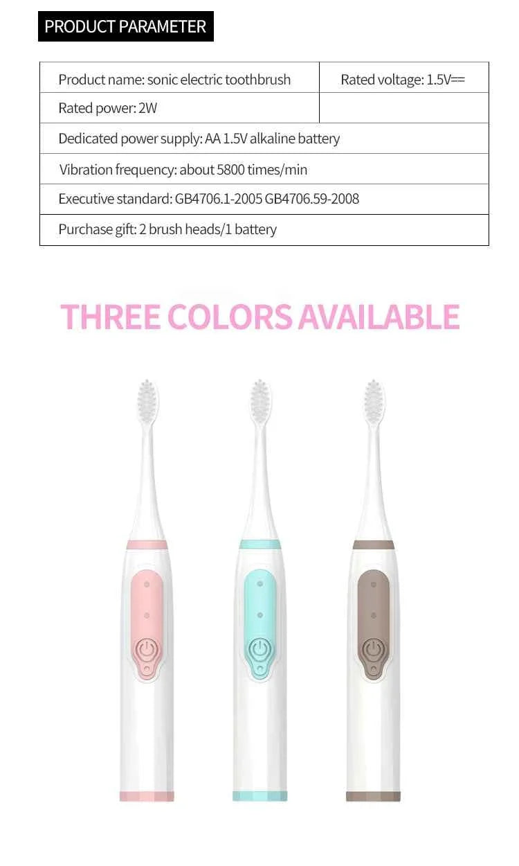 Sonic Electric Toothbrush for Men and Women Adult Household Non Rechargeable Soft Hair IPX6 Waterproof