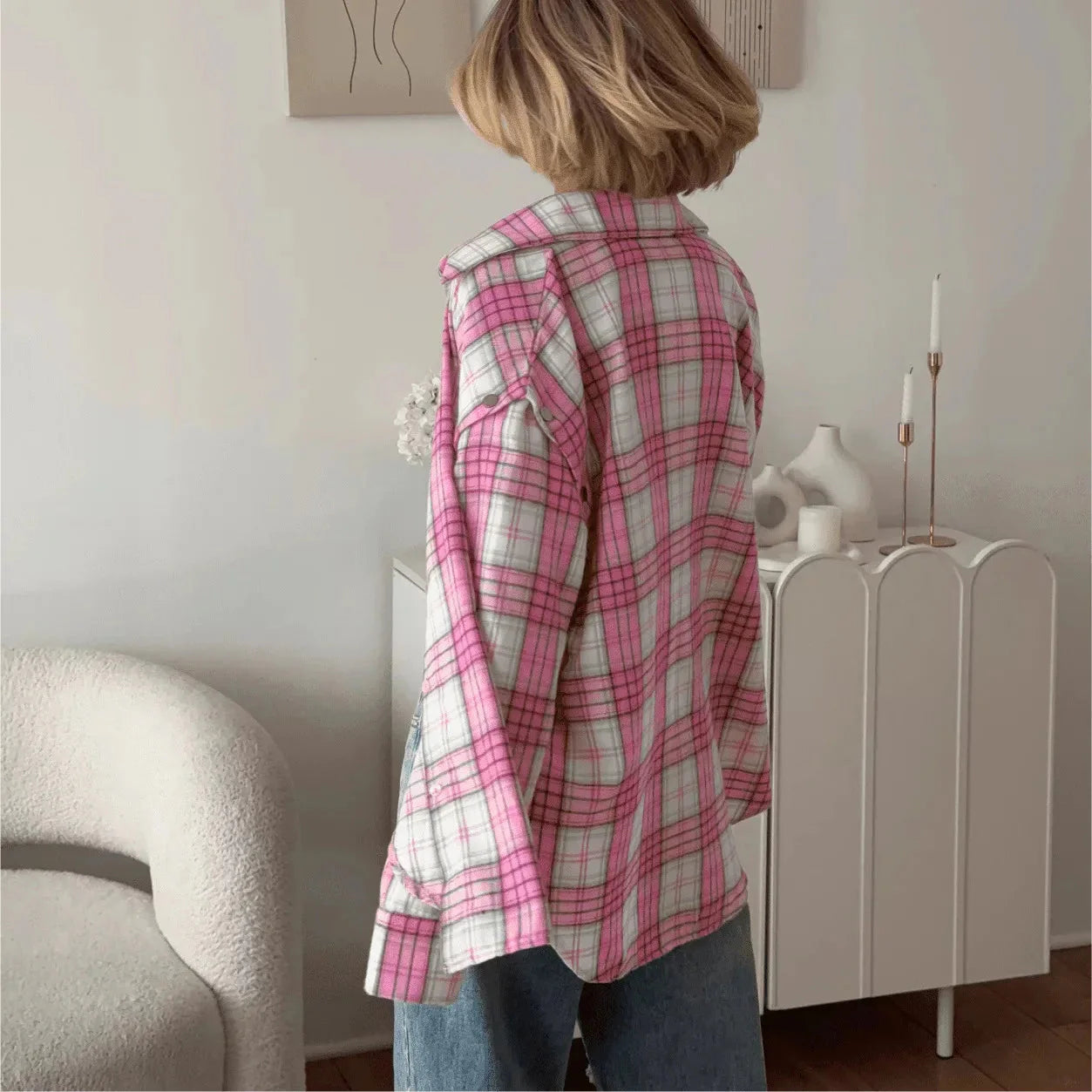 Pink Plaid Shirt for Women in Europe and America New Versatile Loose Shirt for Women Removable Long-sleeved Lapel Top