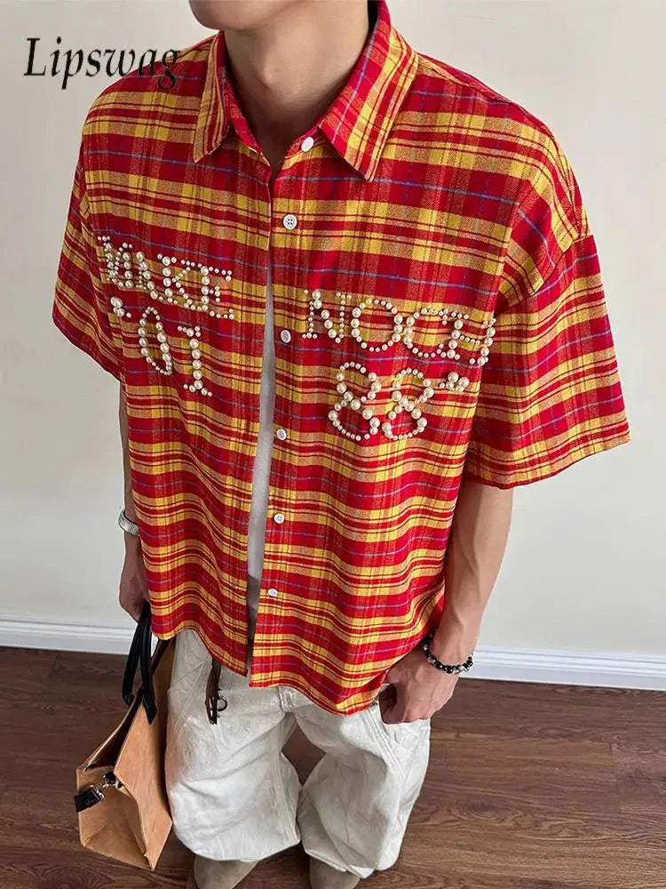 Trendy Pearls Stitching Shirts For Men 2025 Summer New Casual Plaid Shirt Mens Vintage Button-up Turn-down Collar Cardigan Tops
