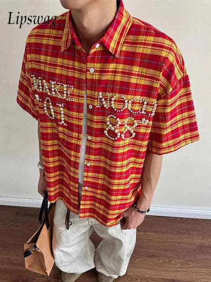 Trendy Pearls Stitching Shirts For Men 2025 Summer New Casual Plaid Shirt Mens Vintage Button-up Turn-down Collar Cardigan Tops