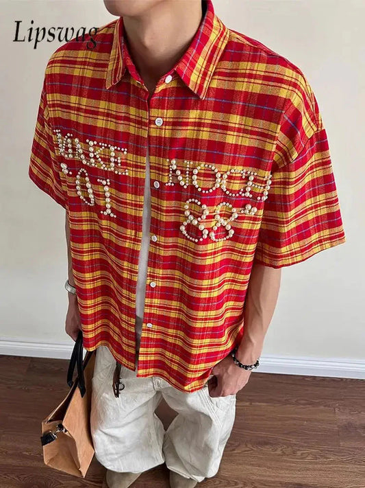 Trendy Pearls Stitching Shirts For Men 2025 Summer New Casual Plaid Shirt Mens Vintage Button-up Turn-down Collar Cardigan Tops