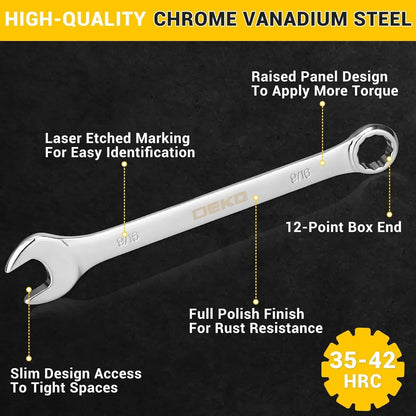 DEKOPRO Combination Wrench Set SAE / Metric,  1/4'' to 1'' & 8-22mm, 12-Point, Chrome Vanadium Steel
