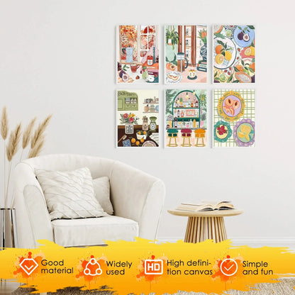 6Pcs Beginners Oil Painting Set Paint by Numbers Kit with Canvas and Brush Accessories Painting Kit for Home Office Wall Decor