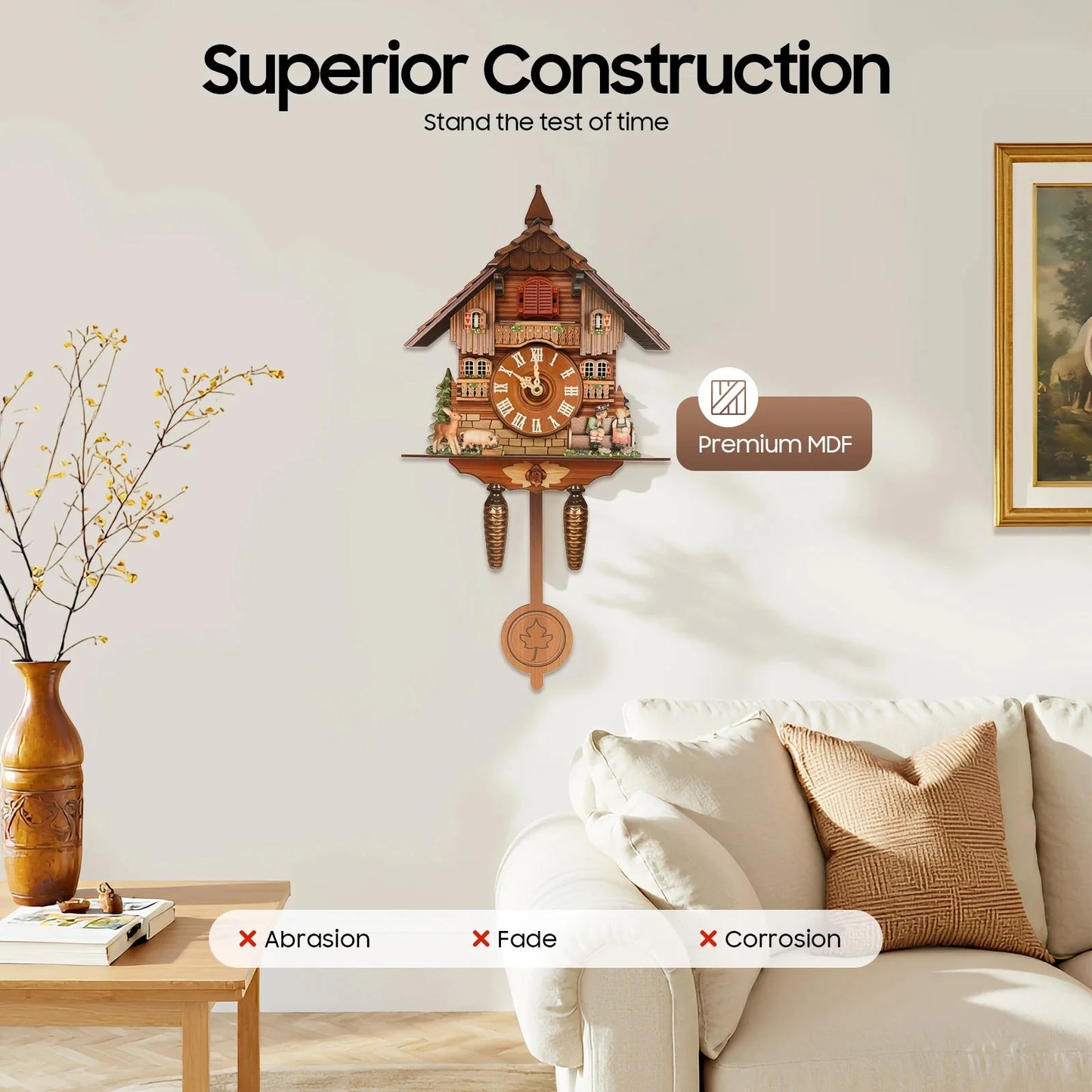 Wall Mount Clock Cuckoo Clock, Wood Cuckoo-Clock 7:00-21:00 Chime Time 25*10*50cm Pointers+Time Scales Display