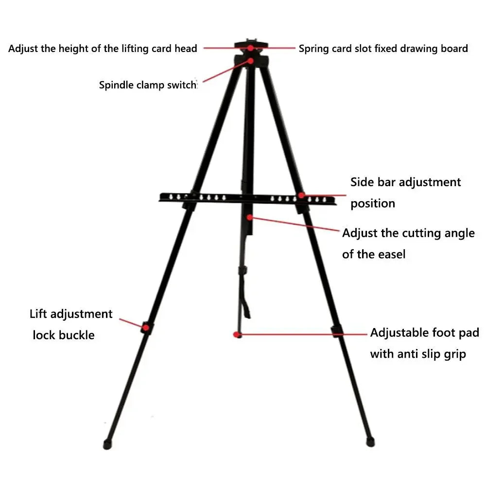 Adjustable Sketching Easel Black Silver Aluminum Alloy Sketch Drawing Easel Triangle Tool Shelf Travel Easel Art Supplies