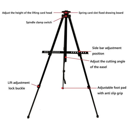 Adjustable Sketching Easel Black Silver Aluminum Alloy Sketch Drawing Easel Triangle Tool Shelf Travel Easel Art Supplies