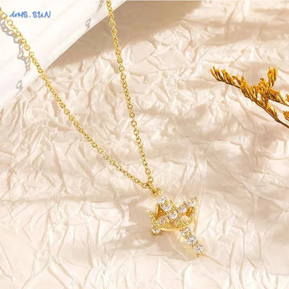 SUNSLL Cubic Zircon Rotatable Crown Cross Pendant Necklaces Classic Stainless Steel Chain Banquet Party Jewelry For Women Men