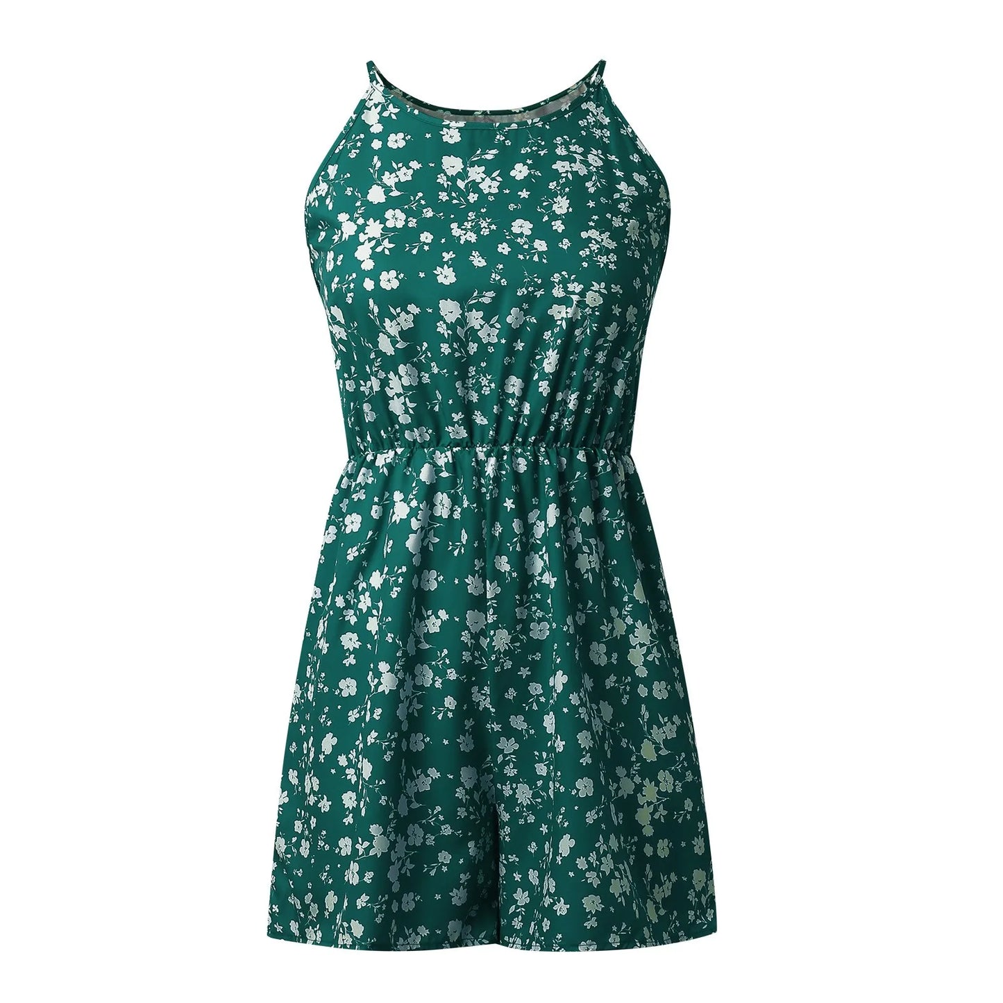 Fashion Women Romper Floral Printed Halter Neck High Waist Sleeveless Jumpsuits Summer Vintage Lace Up Casual Beach Overalls