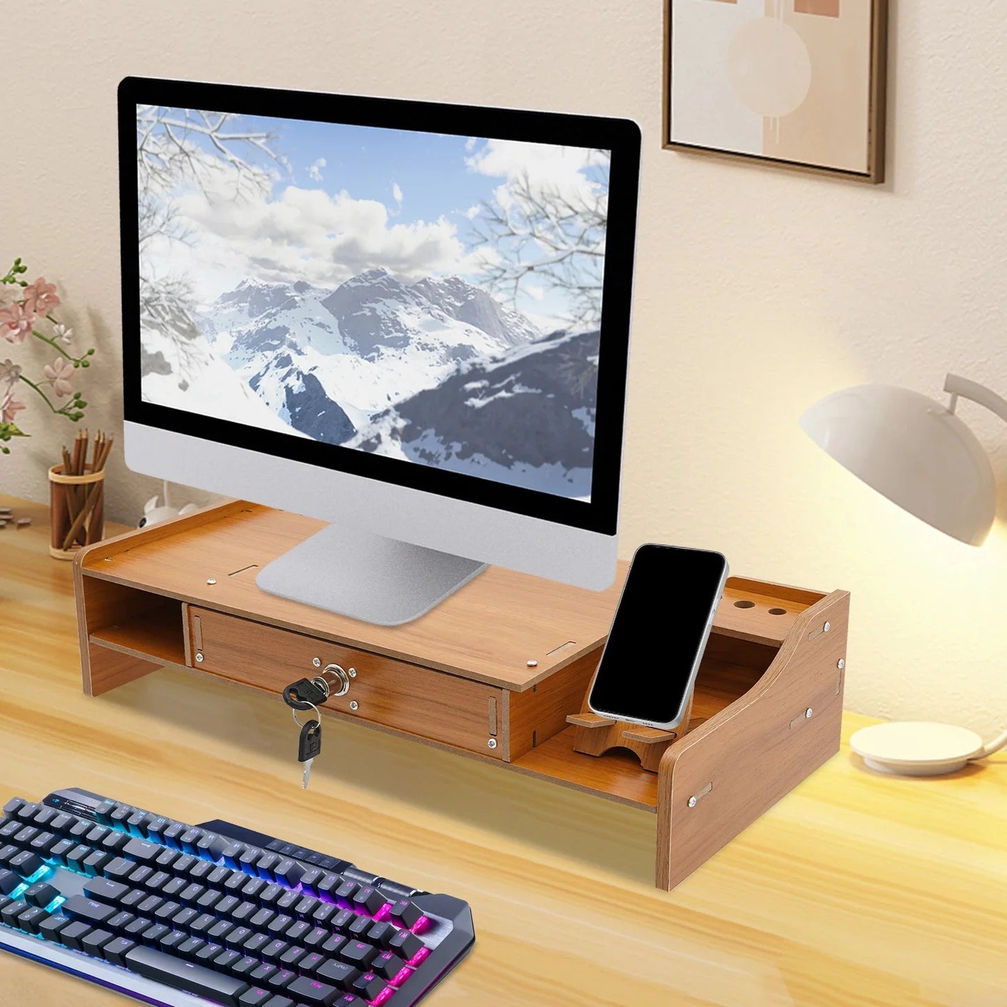 Wooden Desk Organizer W/ Drawer File Storage Desk Monitor Riser Computer Stand