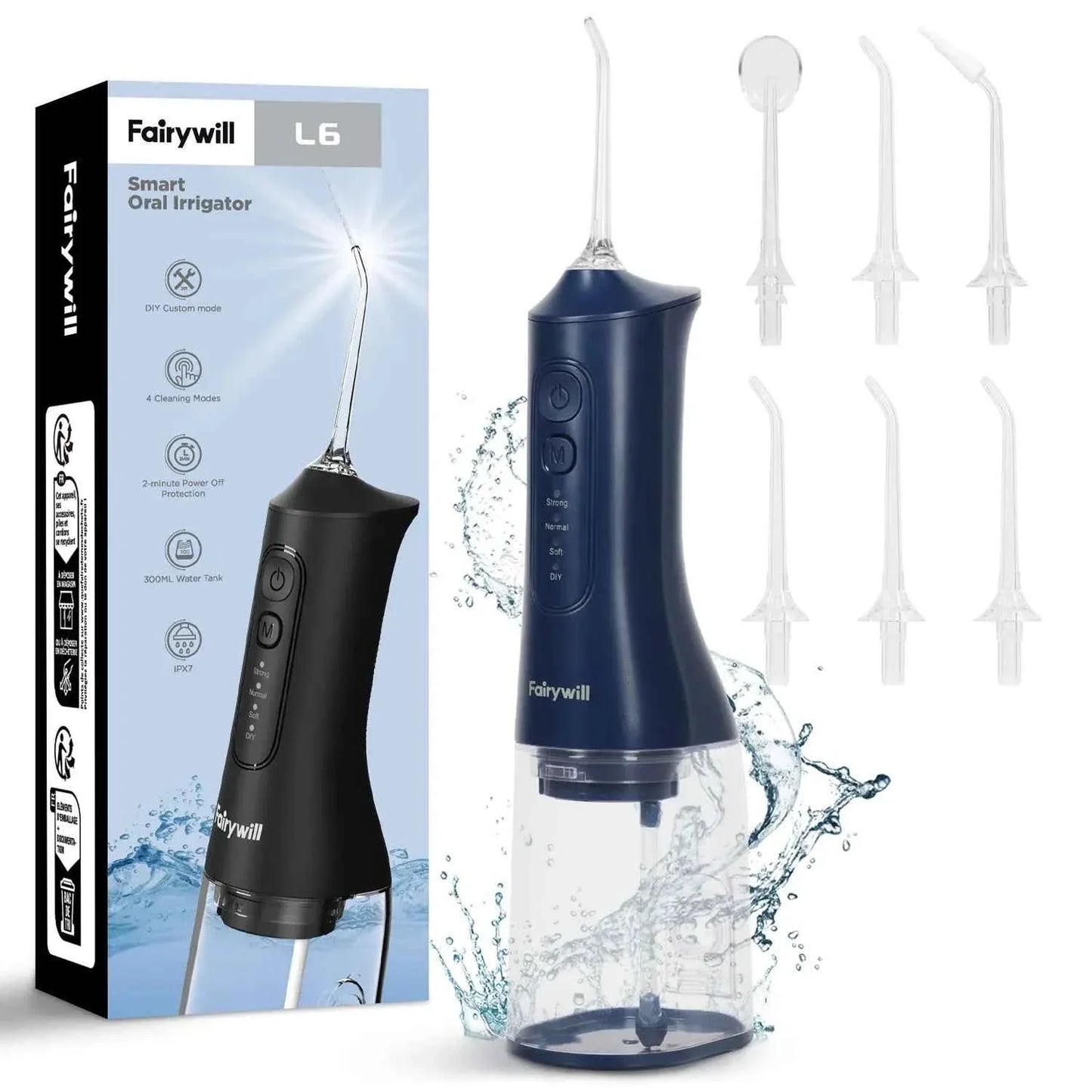 Fairywill Portable Oral Irrigator - 300ML Cordless Water Flosser with 6 Jet Nozzles