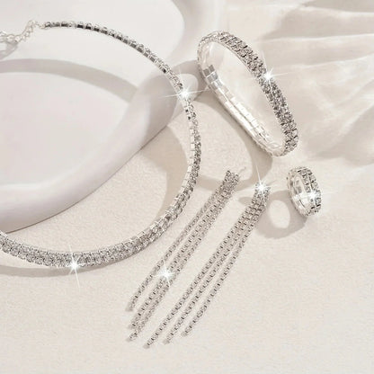 5pcs Luxurious Rhinestone Jewelry Set for Women,Choker, Earrings, Stretch Bracelet & Ring for Weddings, Banquets & Parties