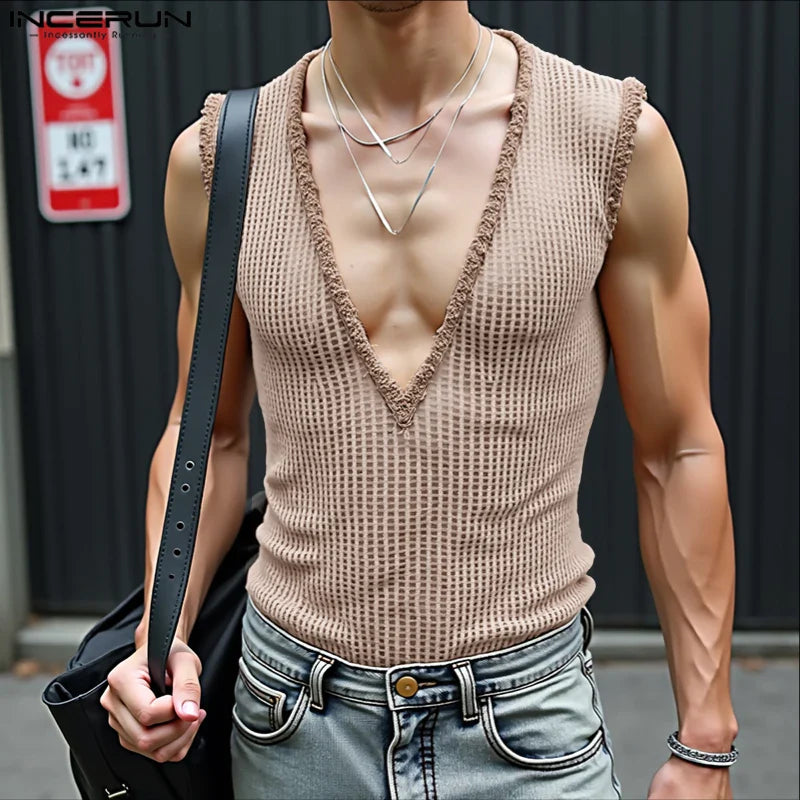 INCERUN Men Tank Tops Hollow Out Mesh See Through Sexy Tassel Male Vests Summer 2025 Solid Color Fashion Streetwear Men Clothing