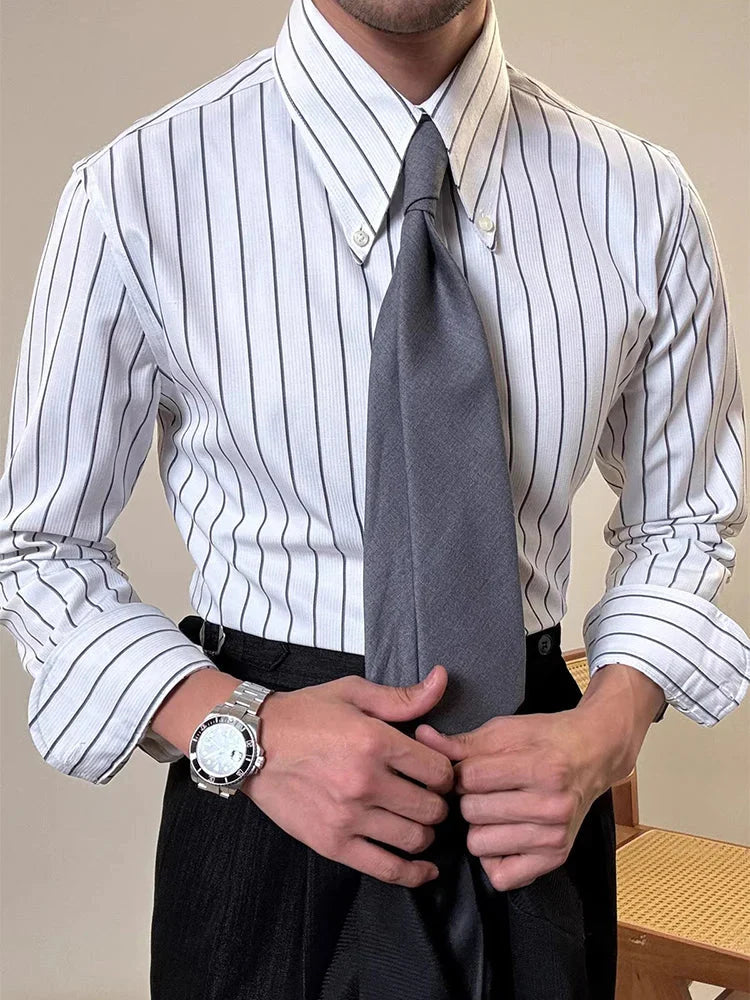 Vintage Striped Printed Slim Shirts Mens Casual Long Sleeve Lapel Buttoned Shirt 2025 Spring Fall Mens Shirt Naple Style Clothes