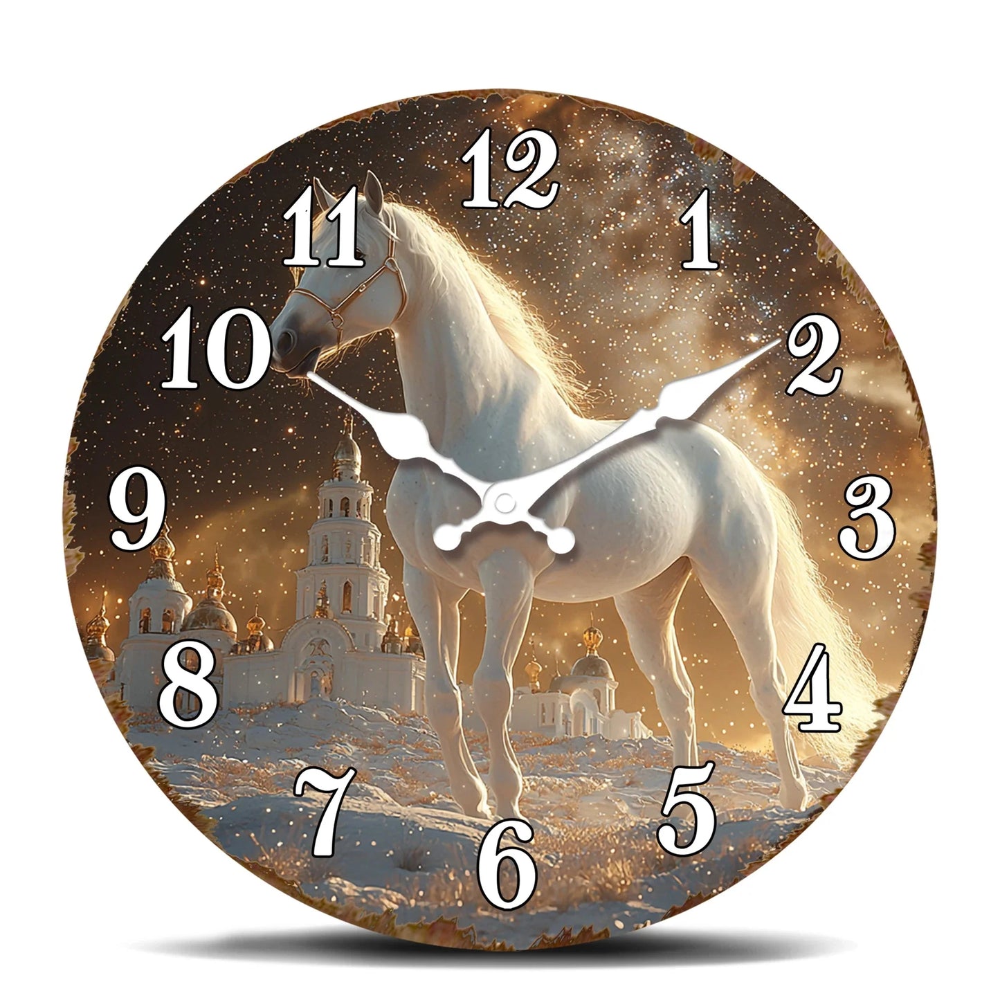 White Horse in Snowy Landscape Round Wall Clock, Ethereal Equine Art Decorative Clock, Dreamy Winter Scene Timepiece for Wall Ar