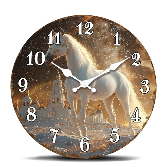 White Horse in Snowy Landscape Round Wall Clock, Ethereal Equine Art Decorative Clock, Dreamy Winter Scene Timepiece for Wall Ar