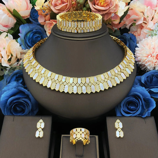 HOT  Jewelry Sets For Woman Wedding Parties Jewellery Necklace Earrings Rings Bracelets For Gift Plating18k With CZ White shell