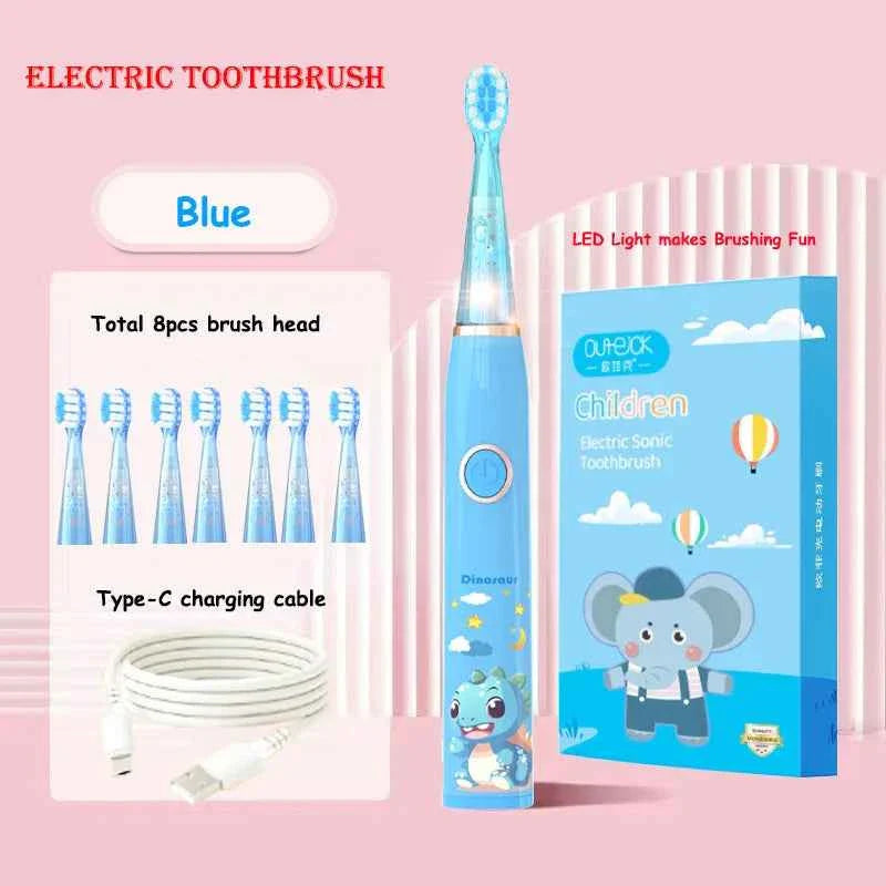 Kids Sonic Electric Toothbrush Child Cartoon with Colorful LED Light IPX7 Waterproof 2 mins Smart Timer Rechargeable Toothbrush