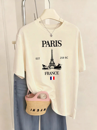 Paris France Eiffel Tower Prints T-Shirts Women Summer Basic Short Sleeve Tops O-Neck Loose T Shirts Basics Soft Womans Clothes