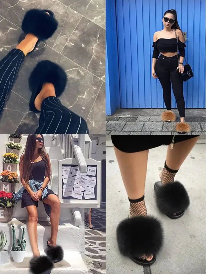 Summer Women Fur Slides Fluffy Furry Slippers Indoor Fuzzy Flip Flops Casual Outdoor Flat Ladies Fur Sandals Plush House Shoes