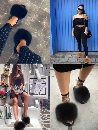 Summer Women Fur Slides Fluffy Furry Slippers Indoor Fuzzy Flip Flops Casual Outdoor Flat Ladies Fur Sandals Plush House Shoes