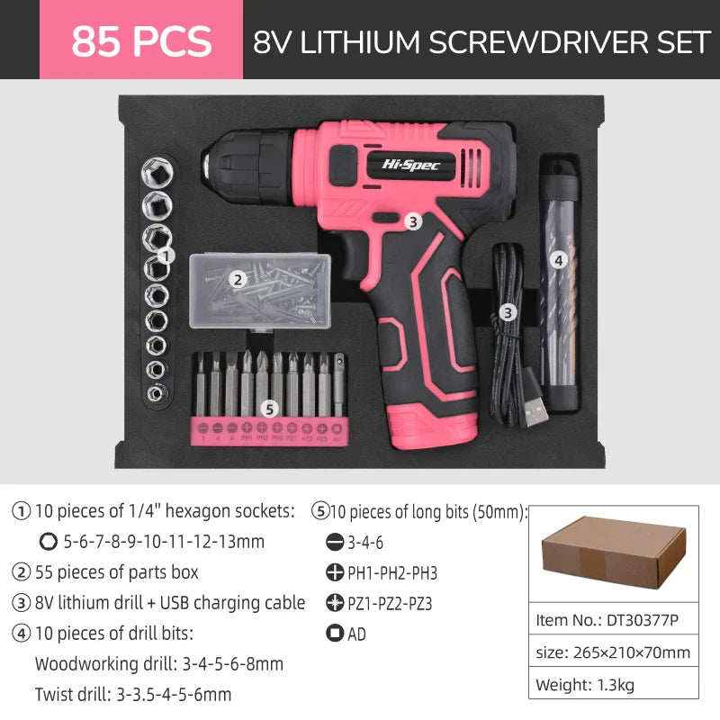 Hi-Spec 92-Piece Pink Home Tool Box Set, Multi-Function Hand Repair Kit with Hammer Cordless Power Drill Combo for Household DIY