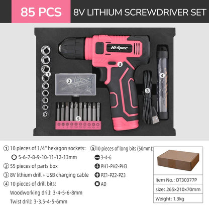 Hi-Spec 92-Piece Pink Home Tool Box Set, Multi-Function Hand Repair Kit with Hammer Cordless Power Drill Combo for Household DIY