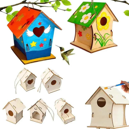 Wooden DIY Bird Nest House Outdoor Hanging Birdhouse Box With Hemp Rope for Painting DIY Outdoor Garden Yard Decoration