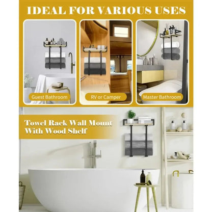 Wood and Iron Bathroom Shelf Rectangle Shape Rust Proof Shower Shelf Large Capacity Space Saving Wall Mounted Shelf